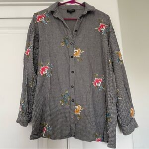 Topshop mini houndstooth floral embroidered cotton long sleeved button down flaw